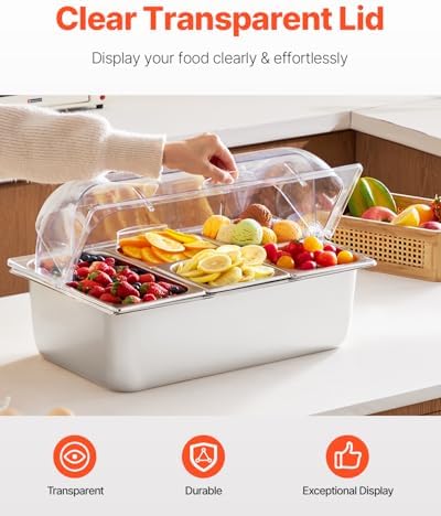 VEVOR Countertop Food Serving Display Container, 5 Pan Stainless Steel Food Serving Tray, Buffet Condiment Dispenser Display Rack with Clear Lid & 3 Freezer Boxes, for Restaurant Hotel Kitchen Party - Image 3