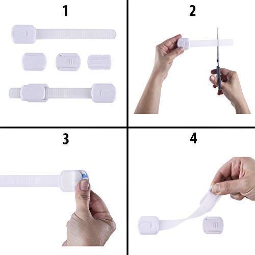 Child Safety Cabinet Locks (6 Pack) – Adjustable Baby Proofing Strap Latches with Strong 3M Adhesive – No Drill Childproof Locks for Drawers, Cabinets, Fridge, Door, Closet, White
