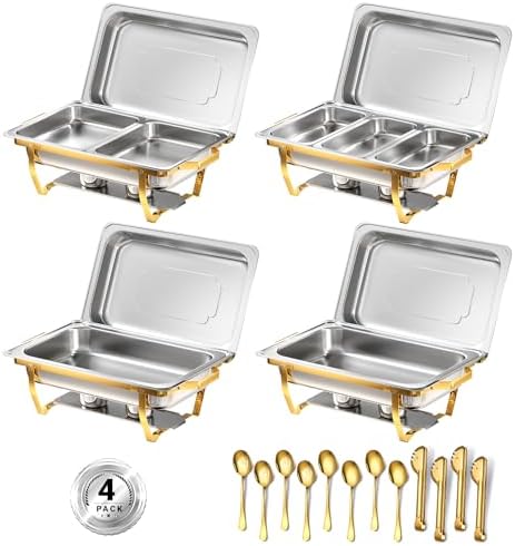 Chafing Dishes for Buffet, 8 Qt Food Warmers 4 Pack 7 Pans Half Gold by KEYOXY