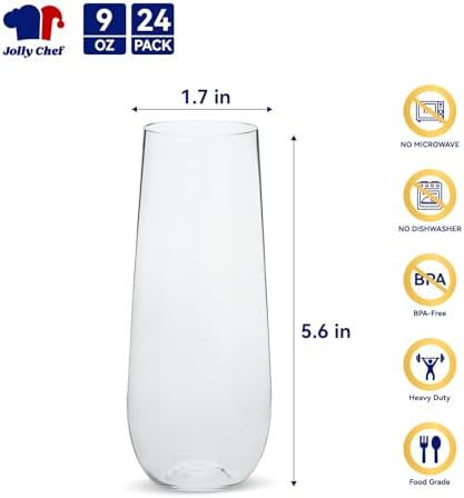 JOLLY CHEF 24 Pack 9 oz Stemless Plastic Champagne Flutes Crystal Glasses - Image 2