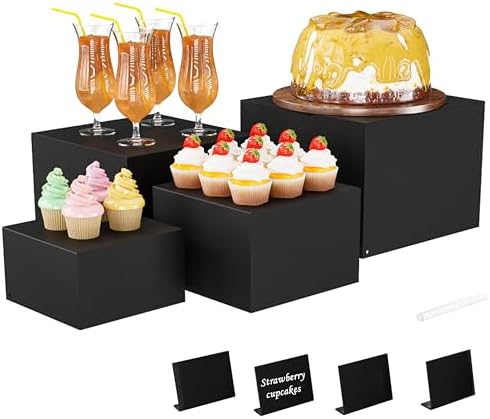 Metal Buffet Risers,4PCS Food Risers for Buffet Table 5in to 8in Display Stand with Mini Acrylic Signs for Catering Dessert Collectibles Jewelry Figures Show Matte Black Cube Boxes Nesting Risers with Hollow Bottoms by YFEEN