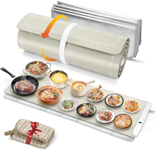 FYY Extra Long Warming Mat for Food with Heat Resistant Pad, Prevent Countertop Cracks, Keep Meal Warm, Rapid and Full Surface Heating, 6 Temp Settings, 6H Timer, Rollable Portable Food Warmer, Khaki by FYY