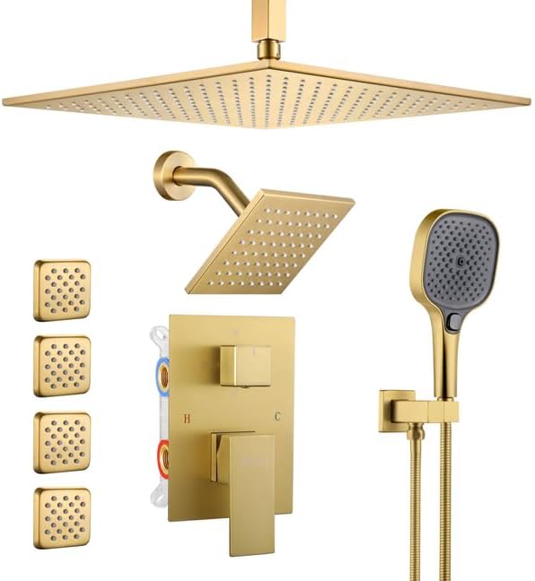 Shower System Brushed Gold, Push Button Diverter Shower Faucet with 3 in 1 Handheld, Ceiling Mount 12 Inch Shower Head with 6 Inch Wall Mount Shower Head