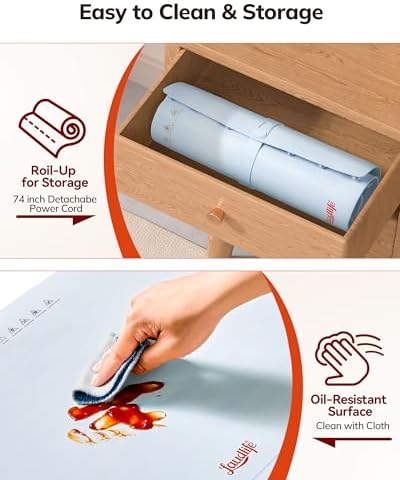 Laudlife Electric Warming Mat for Food, Roll-Up Silicone Heating Pad with 7 Adjustable Tempmaster Levels, Foldable Warming Tray for Countertop,Buffet Party, Kitchen & Home, Child Lock, Light Blue - Image 6