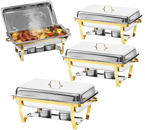 9Qt Chafing Dishes for Buffet, Gold Stainless Steel Chafing Dish Sets, Food Warmers for Parties, Buffet Servers and Warmers, Warming Trays for Buffets Party, Catering Supplies Buffet Display, 4 Pack by Unknown
