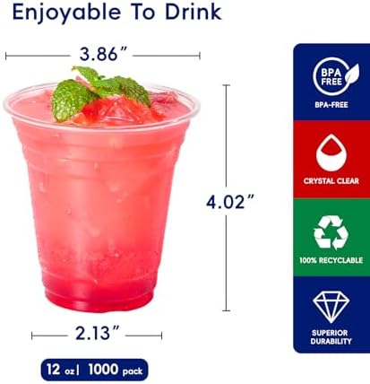 JOLLY CHEF 12 oz Plastic Cups, 1000 Pack Disposable Clear Drinking Cups - Image 2