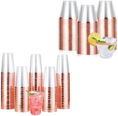 JOLLY CHEF 100 Pack 12oz Elegant Rose Gold Rim Disposable Plastic Cups, 9 oz Clear Plastic Cups Tumblers by JOLLYCHEF