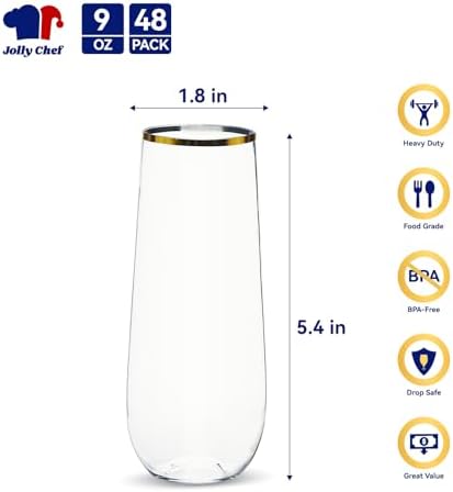 JOLLY CHEF 48 Pack 9 oz Stemless Champagne Flutes with Golden Rim Glasses - Image 2