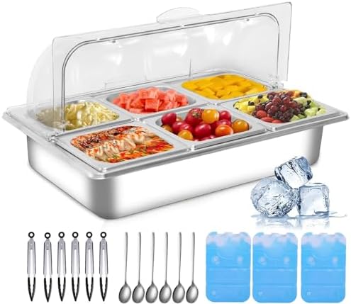 Countertop Ice Food Serving Display Tray with 6 Pan, Portable Salad Bar Buffet Station for Home, Cold Food Buffet Server, Ice Serving Trays for Parties, Pizza Topping Station Cooling Trays for Food by Enkreefi