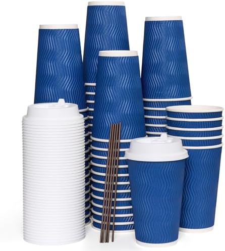 JOLLY CHEF 80 Pack 16 oz Disposable Coffee Cups with Lids and Stirrers, Insulated Ripple Wall Hot To Go Paper Coffee Cups for Office, Home, Travel by JOLLYCHEF