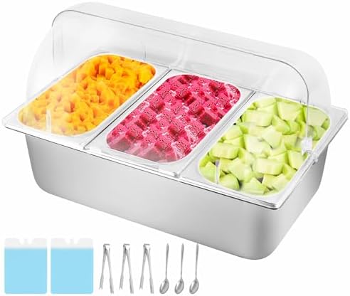 Cold Food Buffet Server 3 Pans×4QT with Ice Packs for Salad Pizza Sauce Colded Serving Trays Condiments Containers for Parties Buffet by YMJOINMX