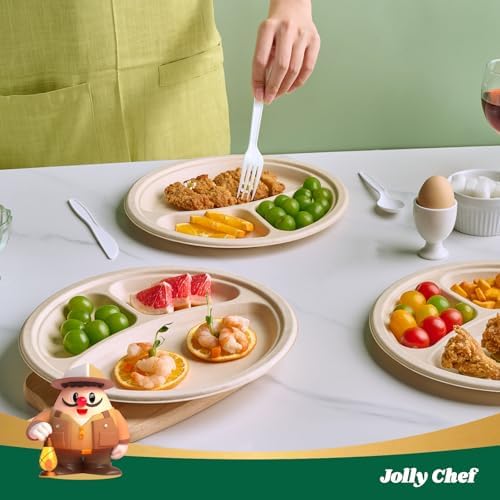 JOLLY CHEF Heavy Duty Compostable 3 Compartment Paper Plate 10 Inch 125 Pcs - Image 5