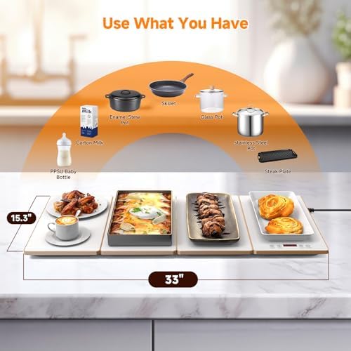 FEPPO Food Warmers for Parties Buffet – 4-in-1 Electric Warming Tray for Food with 10 Temp Settings & Timer, 33"x15" Glass Surface, Modular Buffet Hot Plates for Catering & Gatherings - Image 6