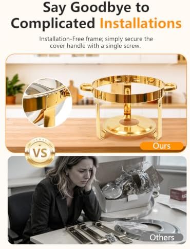4 Pack 6QT Gold Chafing Dishes for Buffet,Installation-Free Stands,Round - Image 3