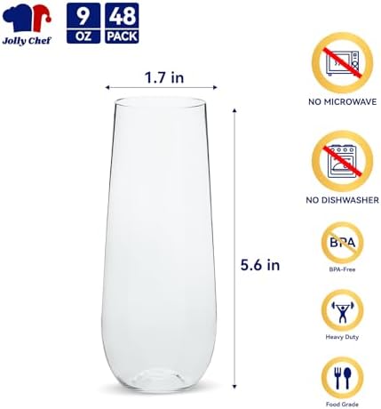 JOLLY CHEF 48 Pack 9 oz Stemless Plastic Champagne Flutes Crystal Glasses - Image 2