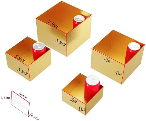 Metal Buffet Risers,4PCS Food Risers for Buffet Table 5in to 8in Display Stand with Mini Acrylic Signs for Catering Dessert Collectibles Jewelry Figures Show Gold Cube Boxes Nesting Risers with Hollow Bottoms - Image 2