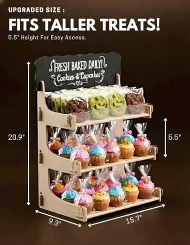 HOTCAN Cookie Display Stand for Bakers & Vendors with Acrylic Front | Wooden Dessert Stand with Chalkboard Sign for Market Booths, Craft Fairs & Events | 3 Tiered Cookie Display for Cupcakes, Muffins & Pastries (Natural) - Image 3