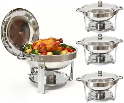 4-Pack Chafing Dishes for Buffet，6QT 304 Stainless Steel Round Chafing Dish Buffet Set - Complete Food Warmers with Lids, Water Pans, Fuel Can Holders for Catering & Wedding Receptions，Silver by Charcofire