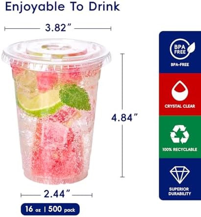 JOLLY CHEF 16 oz Plastic Cups with Lids, 500 Packs Crystal PET Clear Cups - Image 2