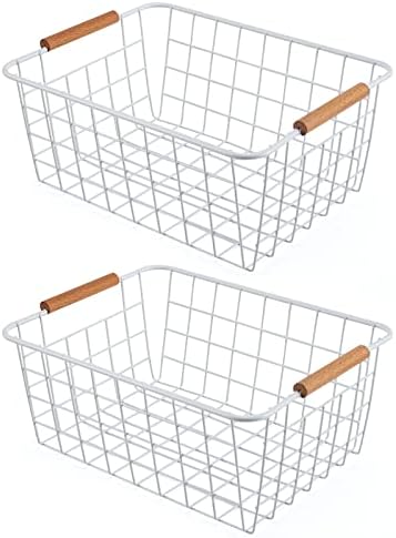 White 2PCS Wire Storage Baskets with Wooden Handles for Pantry Organizer by ELEATTRUN