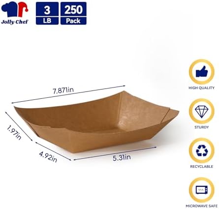 JOLLY CHEF 3lb Paper Food Tray 250 Pack Disposable Food Serving Holder Boat - Image 2