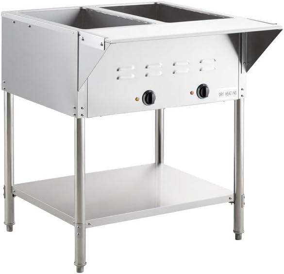Two Pan Electric Steam Table, 120V 1000W, Stainless Steel, Open Well with Undershelf, 29x30x34 Inches, Commercial Food Warmer for Indoor Use