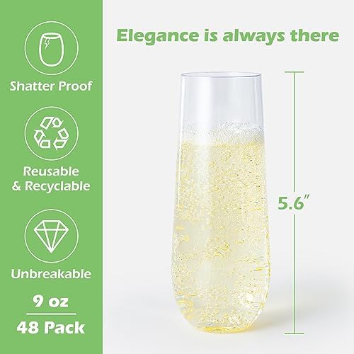 JOLLY CHEF 10 inch 140 Pack Disposable Heavy Duty Printed Paper Plates, 48 Pack 9 oz Plastic Champagne Glasses, Clear, Stemless Disposable Beverage Utensils - Image 3