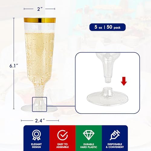 JOLLY CHEF 100 Pack Elegant Gold Rimmed Plastic Cups & 50 Pack 5 oz Gold Rim Plastic Champagne Glasses - Image 3
