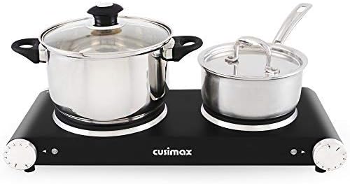 CUSIMAX Double Hot Plates Electric Burner, 1800W Countertop Cooktop with Adjustable Temperature Control, Hot Plates for Cooking Portable Electric Stove, Black Stainless Steel Cooktop, Upgraded Version