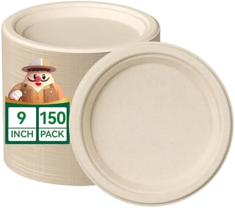 JOLLY CHEF 9 Inch Paper Plates Disposable Compostable Nature 150 Pack by JOLLYCHEF