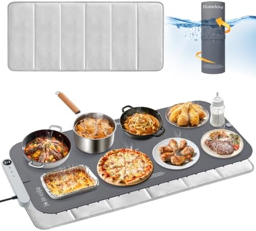 Homelove Warming Mat for Food - Electric Warming Tray with 7-Level Temp Settings & 6 Hours Timer, Full Surface Graphene Heating, Waterproof Dishwasher-Friendly Food Warmer for Parties, Kitchen (Grey) by Homelove