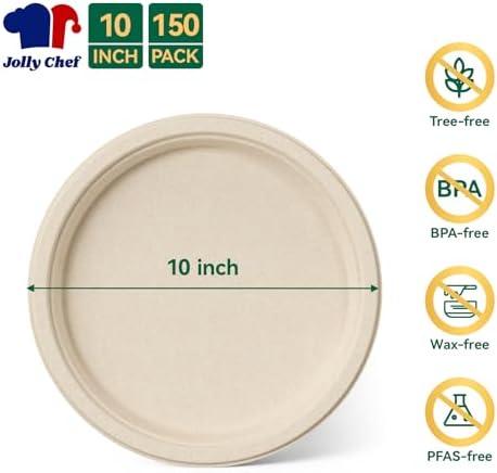 JOLLY CHEF Paper Plates 10 Inch Compostable Disposable Plates 150 Pack - Image 5