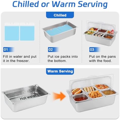Cold Food Buffet Server 9.6Qt (6 Pans×1.6Qt) with Ice Packs for Salad Pizza Sauce Colded Serving Trays Condiments Containers for Parties Buffet - Image 5