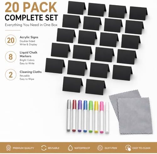 20 Pack Acrylic Chalkboard Signs with 8 Liquid Chalk Markers & 2 Cleaning Cloths, Reusable Double Sided Mini Table Signs - Image 7