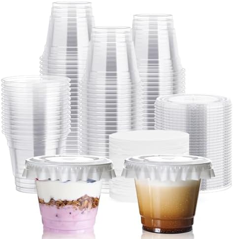 9 oz Clear Plastic Cups with Flat Lids, and Paper Lid Liners 200 Sets by JOLLYCHEF
