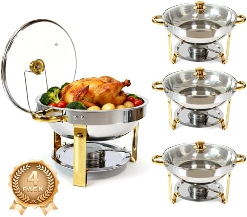 4-Pack Chafing Dishes for Buffet, 6QT 304 Stainless Steel Chafing Dish Buffet Set with Glass Lid, Complete Food Warmers for Parties Buffet Catering Events Dinners, Gold & Silver by Charcofire