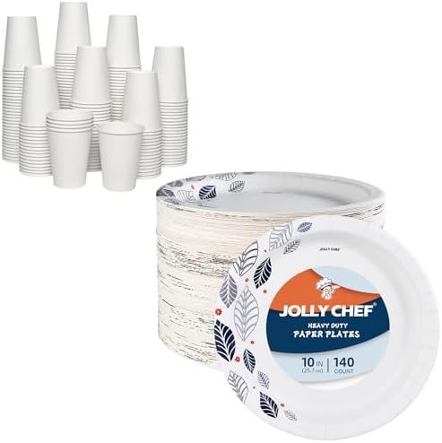 JOLLY CHEF Disposable Coffee Cups and Plates, Printed Paper Plates 10 in 140 Count, 300 Pack Hot/Cold Beverage Cups Paper Cups 12 oz for Water by JOLLYCHEF
