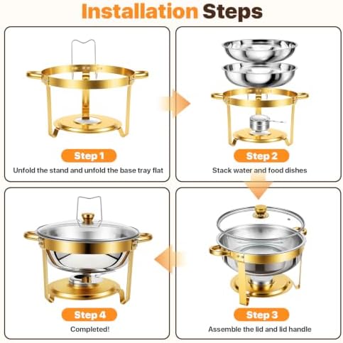 ALSO GO Chafing Dish for Buffet, 7QT 4 Pack Gold Round Chafing Dish Set with Glass Lid, Stainless Steel Serving Tray, Water Pan, Stand, Fuel Holder, Food Warmer for Party, Gathering, Banquet, Wedding - Image 7