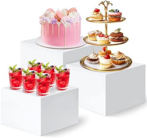 Qinzave 3Pcs White Acrylic Buffet Risers with Acrylic Maker Pen and Mini Sign, 6" 7" 8" Food Risers for Buffet Table Shelf Display Stand for Party Catering Dessert Collectibles Jewelry by Qinzave