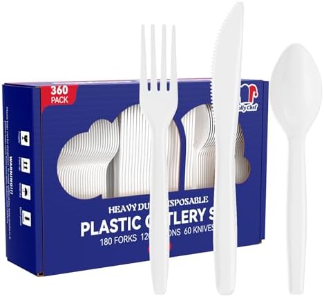 360 White Plastic Silverware, Utensils Set 180 Forks, 120 Spoons, 60 Knives by JOLLYCHEF