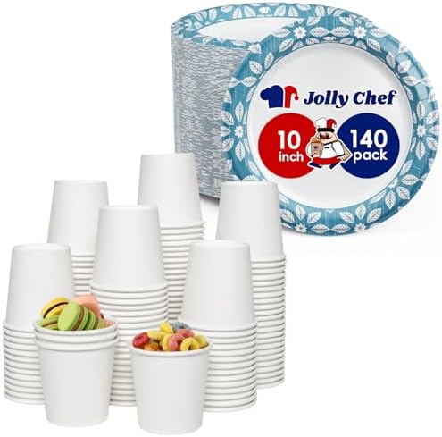 JOLLY CHEF Disposable Paper Cups and Plates, Printed Paper Plates 10 in 140 Count, 4 oz Small Paper Cups 300 Pack for Bathroom,Mouthwash and Daily Use by JOLLYCHEF