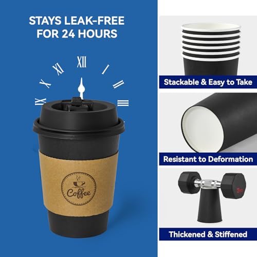 JOLLY CHEF 12 oz Black Coffee Cups with Lids, Sleeves & Stirrers 100 Pack - Image 2