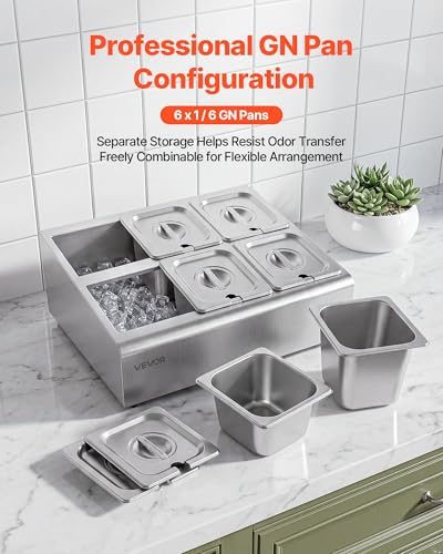 VEVOR Countertop Food Serving Display Container, Stainless Steel Food Salad Server Tray, Buffet Condiment Dispenser, Ice Cooled Rack with Separate Lid, for Restaurant Hotel Kitchen Party (6x1/6 Pan) - Image 6
