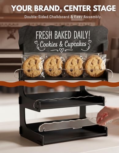 HOTCAN Cookie Display Stand for Bakers & Vendors with Acrylic Front | Wooden Dessert Stand with Chalkboard Sign for Market Booths, Craft Fairs & Events | 3 Tiered Cookie Display for Cupcakes, Muffins & Pastries (Black) - Image 2