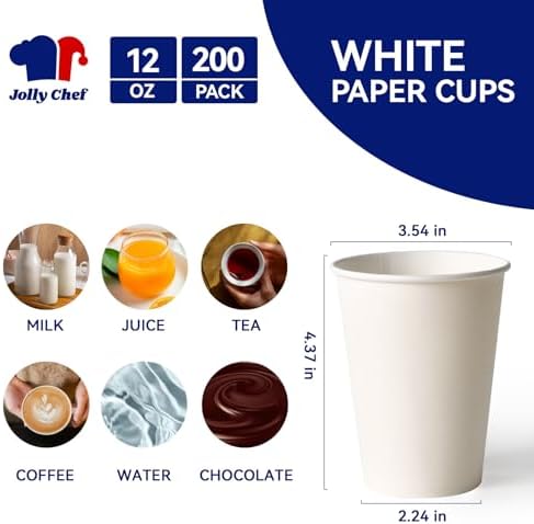 JOLLY CHEF 12 oz Coffee Cups, White Paper Cups 200 Count Leak-Proof - Image 2