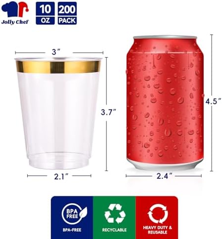 JOLLY CHEF 200 Pack Gold Plastic Cups, 10 oz Clear Plastic Cups - Image 2