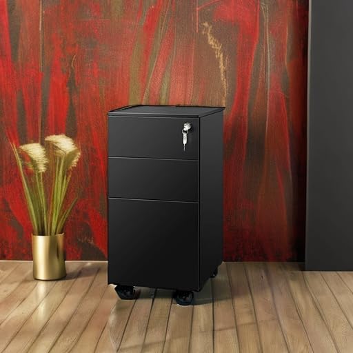 DEVAISE 3 Drawer File Cabinet with Lock, Under Desk Metal Filing Cabinets with Wheels for Home Office Fit Legal/Letter/A4 File, Assembled Except Casters,Black