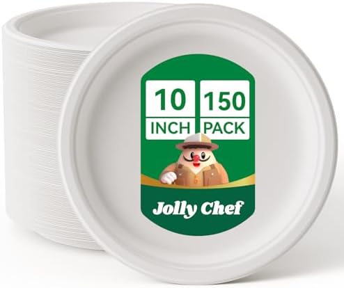 Compostable Heavy Duty 10 Inch 150 Pack Eco-Friendly Disposable Paper Plate by JOLLYCHEF