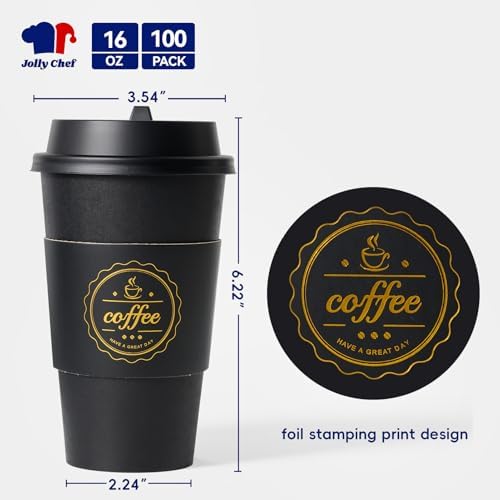 JOLLY CHEF 100 Pack 16 oz Disposable Coffee Cups with Lids Sleeves Stirrers - Image 2