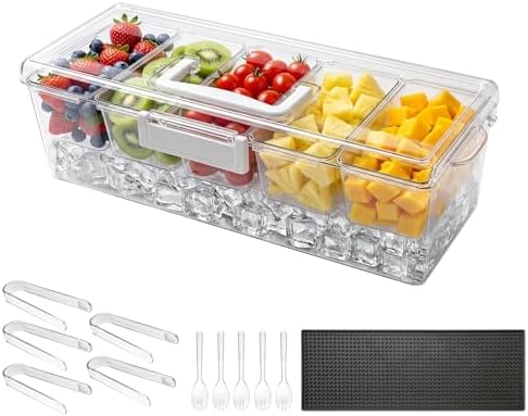VEVOR Chilled Condiment Server Caddy, 5 Compartment Ice Cooled Serving Container, Plastic Fruit Garnish Tray Platter with Lid, for Taco Salad Bar Accessories, Party Home Restaurant Supplies by VEVOR